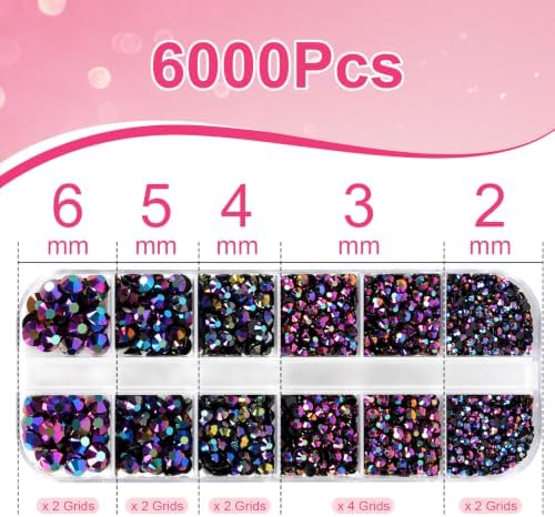 6000PCS Resin Jelly Rhinestones for Crafting, Black-Bottom Purple Red AB Flatback Gems, Bedazzling Crystal with 10ml B7000 Jewelry Glue and Tweezers Dotting Pen for DIY Crafts Clothing Shoes Nail Art