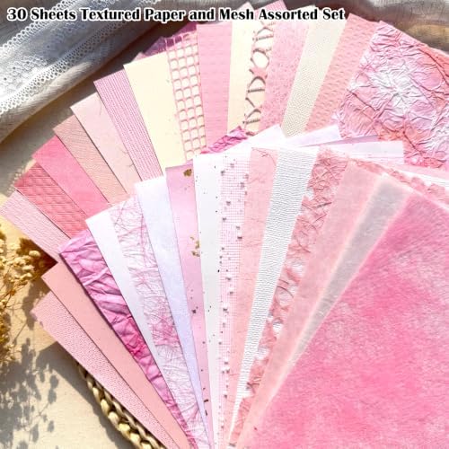30 Sheets A5 Blush Pink Textured Scrapbook Paper & Mesh Fabric Set