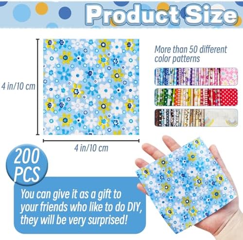 200 Pcs 4" x 4" (10cm x 10cm) Cotton Craft Fabric Bundle Squares,Sewing Scrapbooking Quilting Dot Pattern,DIY Patchwork Fabric Sets for Craft Cloths Handmade Accessories