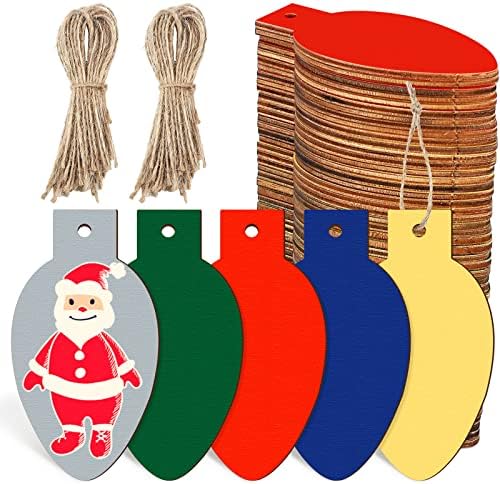 Queekay 50 Pcs Christmas Unfinished Wooden Light Bulb Wooden Slices Blank Hanging Decorations with Rope Unfinished Predrilled Discs for Christmas Crafts DIY Decoration(Multi Colors)