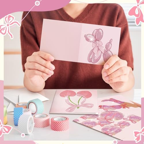 Saillong 12 Pack Pink Bow Diamond Painting Greeting Card Kits DIY Coquette Diamond Art Cards with Envelopes Cute Pink Bow 5D Rhinestones Painting Making Kits for Adults DIY Craft Family Friend Gifts