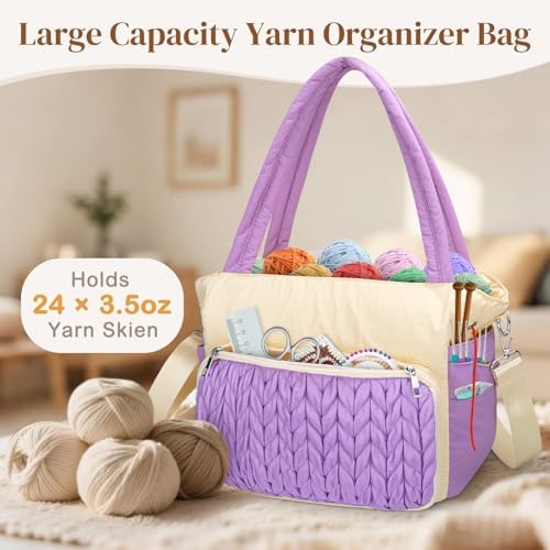 DALINDA Crochet Bag Organizer,Yarn Bag and Tote- Yarn Storage with Multiple Pockets for Crochet Supplies, Knitting Bag for Gifts,Portable & Durable(Purple)