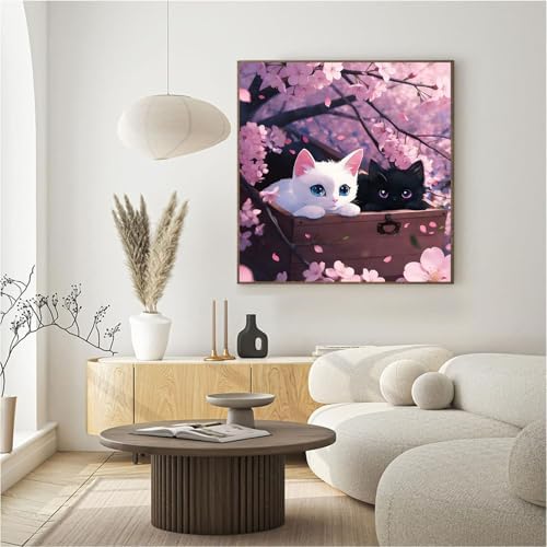 bleihum Cats Paint by Numbers Kit for Adults with Frame Wooden Easel, Cherry Blossoms Paint by Number Kits on Canvas, Small Painting by Numbers for Adult Beginners Home Decor 8X8 Inch