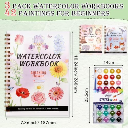 Landhoow 3 Pcs Watercolor Workbooks for Beginner with 36color Paint Brush