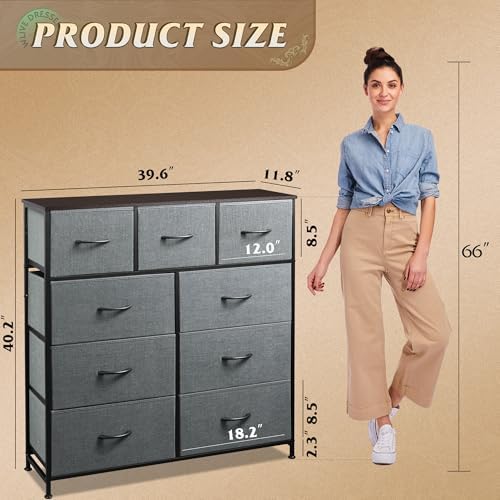 WLIVE Tall Dresser for Bedroom, 9 Drawer Chest of Drawers, Dark Grey | 9 roomy fabric drawers, Tall storage design, Bedroom or closet use, Sturdy steel frame, Smooth wood tabletop