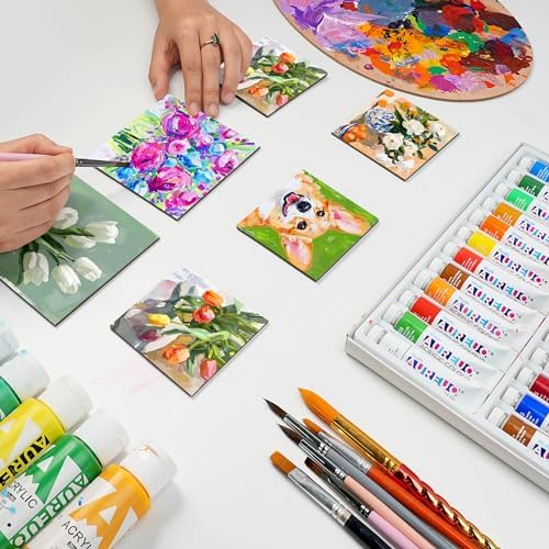 AUREUO Mini Magnetic Canvas Panel 3x3 Inch / 24 Pack - Small Square Flat Canvas Board with Magnet Back Art Gift Set Bulk Pack Tiny Thin Canvases for Painting & Craft