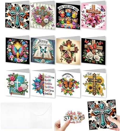 Zyvoreva 12 PCS Cross Diamond Painting Greeting Cards with Envelopes, Religious Diamond Art Kits for Adults, 5D DIY Bible Butterfly Art Crosses Cards for Birthday Baptism Sympathy Gifts (Cross)