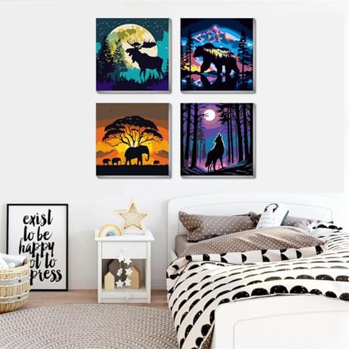 FQOVKYN 4 Packs Framed Paint by Number Kits for Adults, DIY Animals Adult's Paint by Numbers for Beginners, Easy Acrylic Watercolor Paint by Numbers Canvas Arts and Crafts for Wall Decor Gift (8x8in)