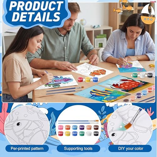 Blosssound 10 Set Pre Printed Canvas Pre Drawn Canvas Painting with Easel Kits 5" x 7" Outline Painting Panels for Beginners, DIY Craft Project, Home Decors(Ocean)
