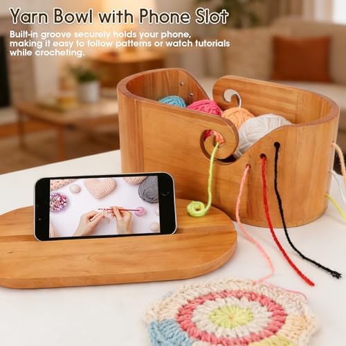 Large Wood Yarn Bowl with Lid Crochet Yarn Holder Knitting Organizer Basket