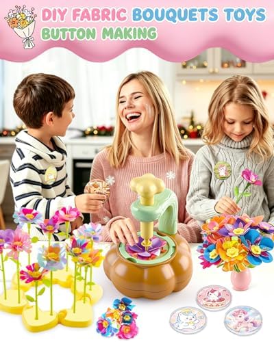 Rainbow World 2 in 1 Fabric Flower Press for Kids, DIY Flower Bouquet Kit with Button Maker, Embossing Tool STEM Toy, Screen-Free Activity for 4-8 Girls Boys