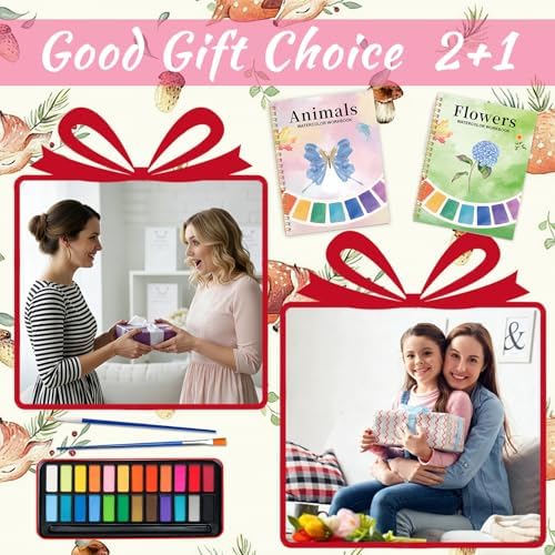 Watercolor Workbook - Coloring Book Beginner Friendly Painting Kit, Watercolor Workbooks for Adults, Exploration Gift for Adults Teens (Flowers-Animals, 24 Color Palette)