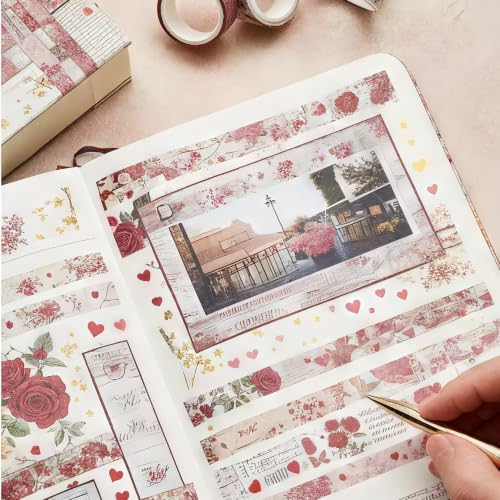 Washi Tape Set, 24 Rolls Red Vintage floral Journaling Supplies,for Christmas Valentine's Day Journaling Supplies Journal Scrapbook Tape, Bullet Journaling Scrapbooking Supplies, DIY Art Decorative