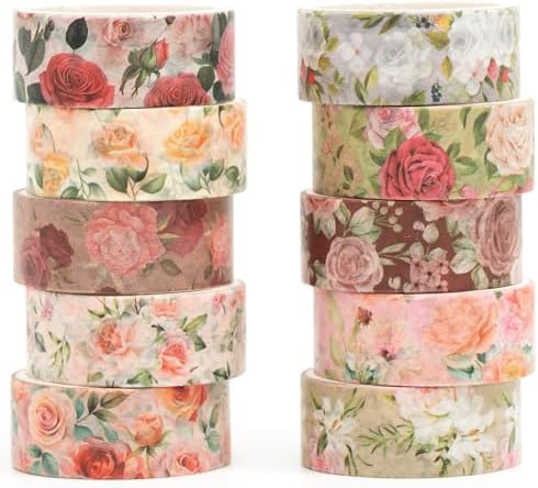 10 Rolls Blooming Flowers Washi Tape Set Floral Arts Adhesive Tapes Colorful Garden Decorative Masking Tape Sets for Craft, Kids, Scrapbook, DIY, Gift Wrapping (1-Pinky)