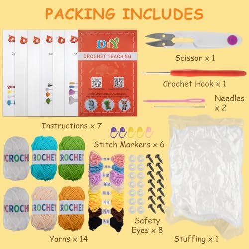 KIECIK 6Pcs Crochet Kit for Beginners, Crochet Animal Kits，Knitting Kit for Adults with Step by Step Videos Tutorials, Knitting Kit Great Birthday Holiday Gift, DIY Keychain Pendants(Set -02)