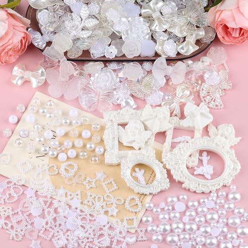 350 Pieces 3D Resin ABS Colorful Rose Flower Bows Butterfly Charms with Flatback Half Round Pearl Beads for Bracelet Earring Necklace Craft DIY Making Supplies