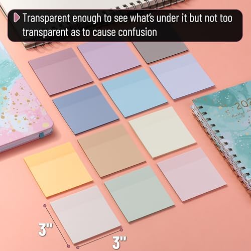 Mr. Pen- Transparent Sticky Notes, 3" x 3", 12 Pads, 600 Sheets | See Through Self-Adhesive Notes for Bible Journaling and Studying, Water-Resistant, Easy to Peel, Clean Removal