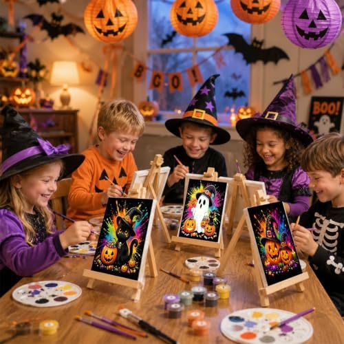 SUJINMEI 4 Pack Halloween Paint by Numbers Kit for Kids with Frame 8x8 inch