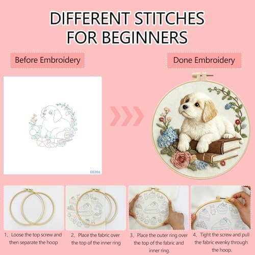Zhenqing Dog on Books Embroidery Kit for Beginners, Pre-Printed 29x29cm Circular Cotton Fabric with 20cm Hoop, Cozy Pet and Hydrangea Floral Design for Home Decor (C0206)