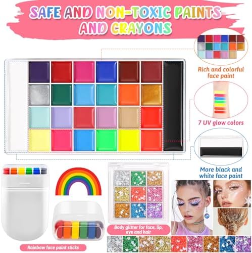 Professional Face Painting Kit, 26 Colors Oil Palette Face Paint with 6 Stencils, 41 Stencil Stickers, 10 Brushes, 9 Body Glitter, 2 Sheets Adhesive Gems, Rainbow Facepaint for Party & Halloween