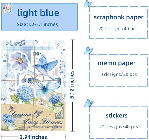 100Pcs Light Blue Vintage Scrapbook Paper & Journaling Stickers Set, Mix Sizes Antiqu Printed Craft Paper, Retro Floral Design Junk Journal Supplies for DIY Card Making, Journaling, Photo Album
