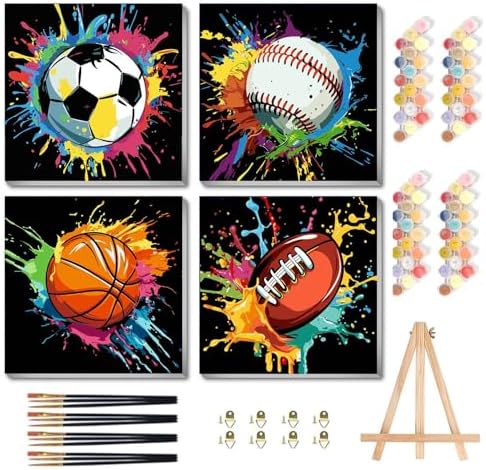 bleihum 4 Pack Paint by Numbers Kit for Kids with Frame Wooden Easel 8x8In | Easy Paint by Number Kids Sports, DIY Acrylic Oil Football Painting by Numbers for Home Wall Decor