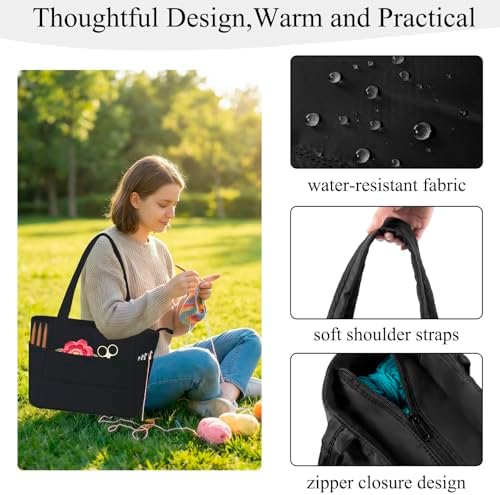 Crochet Bag for Yarn Storage, Puffer Knitting Bag with Soft Handles, Lightweight Yarn Storage Organizer with Zipper for Crochet Accessories, Gifts for Crocheters (Black)