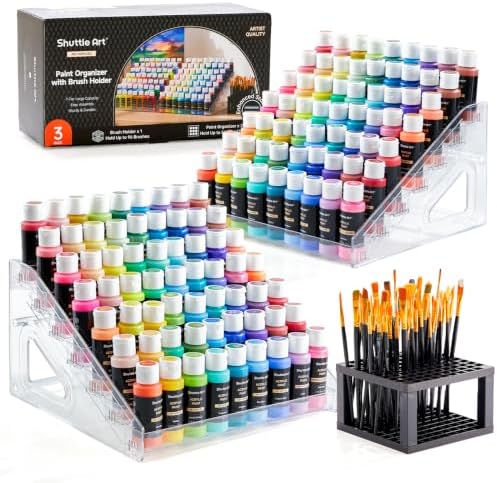 Shuttle Art 2-Pack of Acrylic Paint Organizer With Paint Brush Holder, 7 Layers Clear Storage Rack, Snap On Organizer for Acrylic Paint, Oil Paints, Nail Polish and Craft Supplies