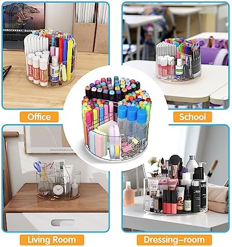 Mefirt Acrylic Pen Holder, 360 Degree Rotating Pen Organizer, Rotating Desk Acrylic Office Organizer with 6 Compartments, Marker Organizer for Kid, Crayon Caddy School Art Supply Storage Organizer