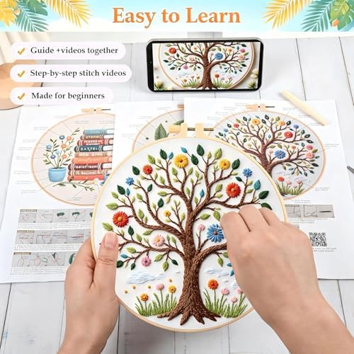 FEIYUENO 3 Sets Embroidery Stitch Kit for Beginners Adults (Tree Book)