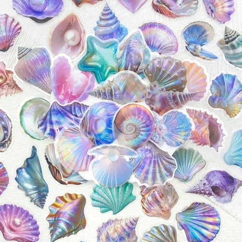 50pcs Fantasy Seashell Stickers Pack – Clear Ocean Shell Pearl Scrapbook Stickers for Journaling, Planner, Laptop, Water Bottle Decoration