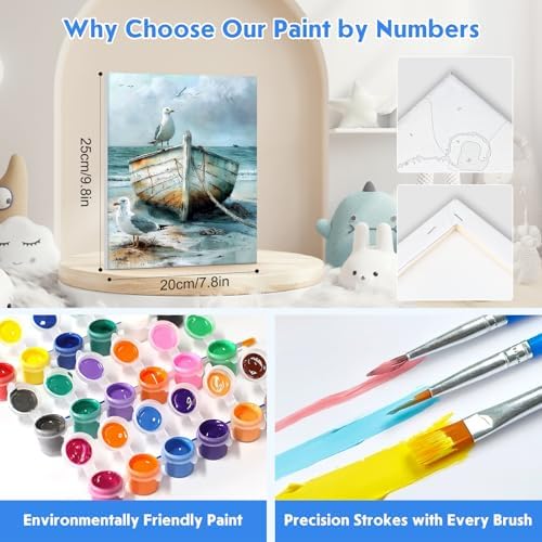 NEWENMO 4 Pack Paint by Numbers Kit for Kids Beginner with Wooden Frame, Lighthouse, Beach, Paint by Numbers Kit for Adults, Coastal Landscape, DIY Painting Kits for Home Wall Decor 8x10 inch
