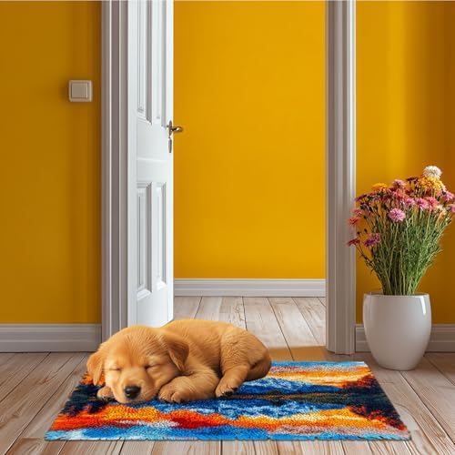 Latch Hook Rug Kit Landscape of Mountain Lake Pre-Printed Handmade Carpet Crochet Yarn Craft DIY Hook and Latch Door Mat Tapestry for Home Floor Decoration 52x38cm-1