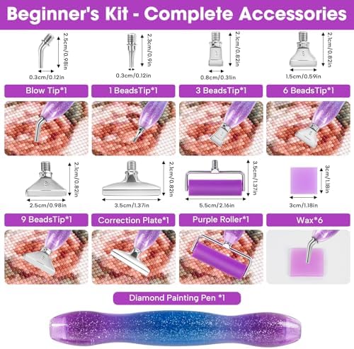 Ergonomic Diamond Painting Art Pen Accessories Kits with 6 Metal Tips, 6 Painting Glue Clay, Roller,Multi Placer Tips for DIY Crafts