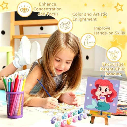LWZAYS 4 Pack Cartoon Paint by Number for Kids with Wooden Frame-Paint by Numbers for Kids Ages 4-8-12, DIY Paints with Numbers Easy Acrylic Oil Painting Kits for Home Wall Decor (8X8inch) 2.0