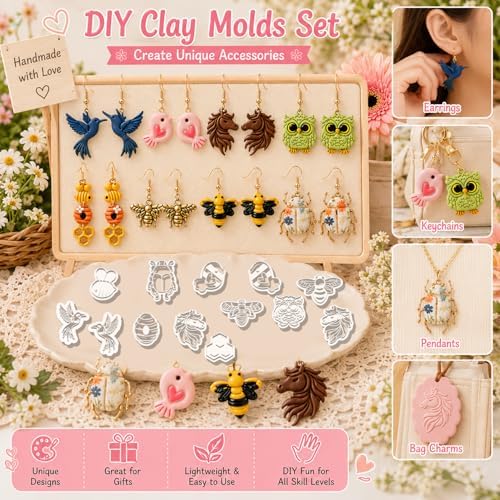 13 Pcs Easter & Animal Polymer Clay Cutters Set - Chicken, Bee & Owl Imprint Cutters for Polymer Clay Jewelry Making, Fit Gift for Animal Lovers, Friends, Sisters & Wives