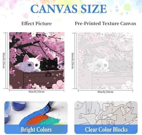 bleihum Cats Paint by Numbers Kit for Adults with Frame Wooden Easel, Cherry Blossoms Paint by Number Kits on Canvas, Small Painting by Numbers for Adult Beginners Home Decor 8X8 Inch