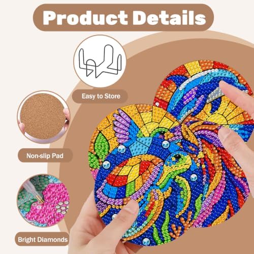 CRZMODE 8 Pcs Stained Glass Animals Diamond Art Coasters Kits, Diamond Painting Coasters with Holder Set of 8, DIY Animals Art Crafts Supplies for Adults Cup Mat House Warming Gifts Non-Slip