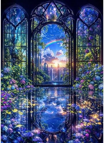 ckdiluy Flower Diamond Art Kits for Adults Beginners, 5D DIY Cityscape Diamond Painting Kits, Full Round Drill Gothic Arched Window Diamonds Dots Gem Art Crystal, Home Wall Decor 12X16 Inch