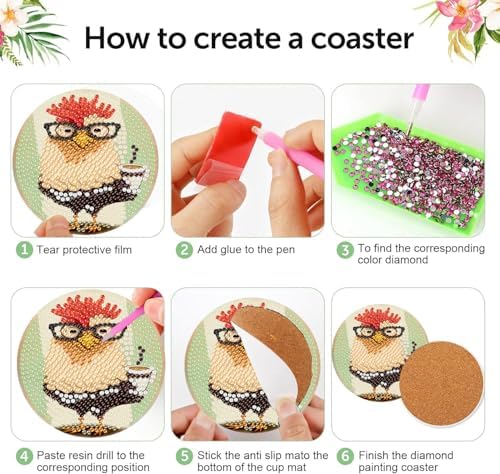 Diamond Art Coasters Kit, 8 Pieces Chicken Diamond Painting Coasters Kit