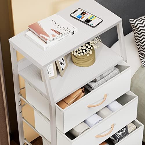 Furnulem White Tall Dresser for Bedroom, 5 Fabric Bins Tall Nightstand