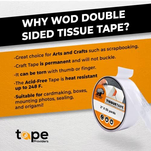 WOD DCTT32W Double Sided Adhesive Tissue Craft Tape - 3/8 inch x 55 yds. Acid Free, Permanent, & Heat Resitant - for Scrapbooking Paper, Cards, Origami, Ribbon, Glitter, and Boxes