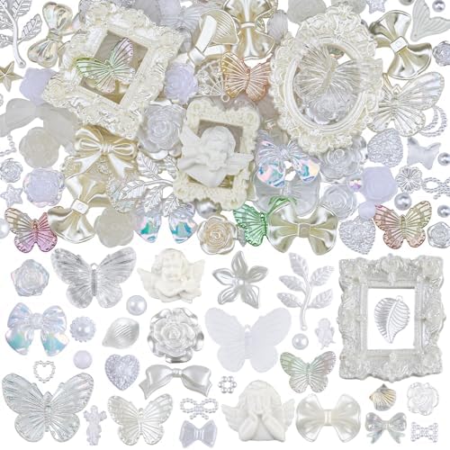 350 Pieces 3D Resin ABS Colorful Rose Flower Bows Butterfly Charms with Flatback Half Round Pearl Beads for Bracelet Earring Necklace Craft DIY Making Supplies