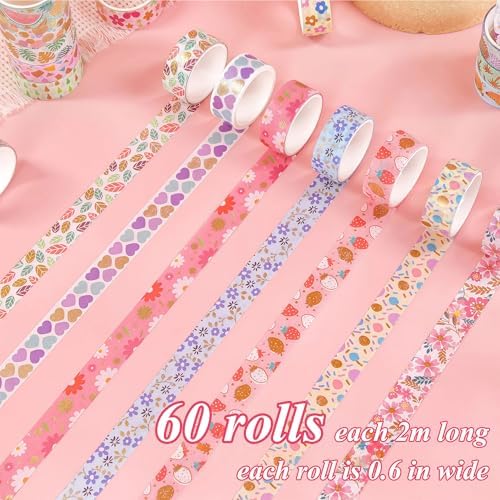 60 Rolls Washi Tape Set, 15 mm Gold Foil Cute Pattern Floral Decorative for Journaling Supplies