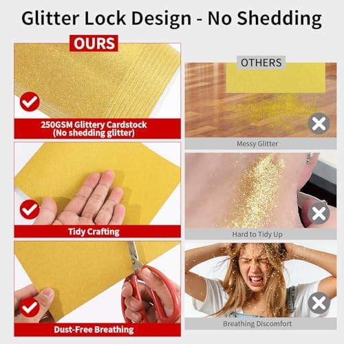 Gold Glitter Cardstock Paper, 40 Sheets A5 Premium Glitter Cardstock for Cricut, Sparkly Cardstock Paper for Card Making, Scrapbooking & DIY Crafts 250 GSM