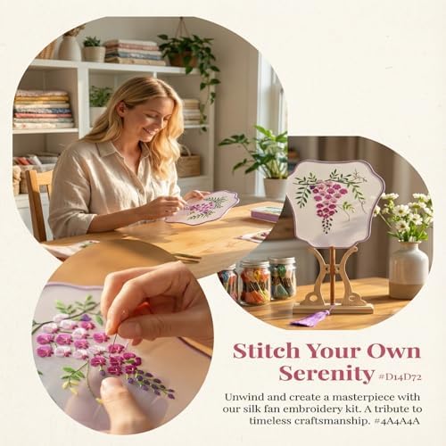 QIZUOLIFE Embroidery Fan Kit for Beginners, pre-Printed Wisteria Pattern