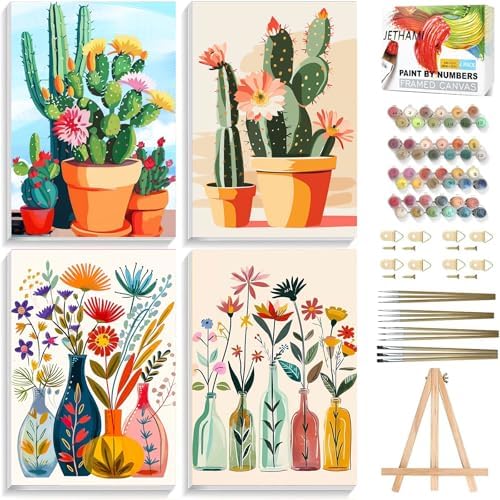 Jethami 4 Pack Cactus Paint by Numbers Kit for Adults with Framed 8x12 in | Easy to piant for beginners elderly, with Easel & Magnifying glass, Relaxing & Stress relief, canvas, Home wall decor