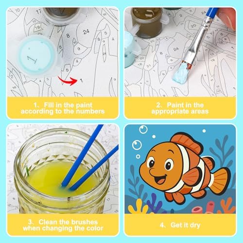 Paint by Numbers Kit for Kids with Frame, Fish Painting, No Easel, 8"x 8"