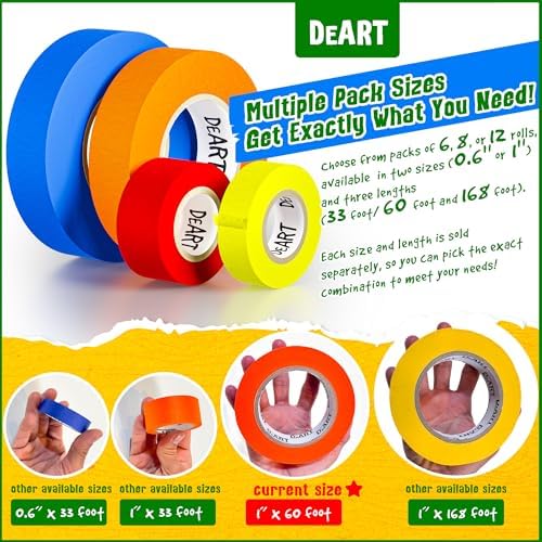 DEART Colored Masking Tape Painters Tape Writable 12, 8 or 6 Pack - 1 inch or 0.6 Inches for Arts & Crafts, Art Supplies, Whiteboard Tape Dry Erase Board Tape Craft Supplies (6, Large (20 Yd))