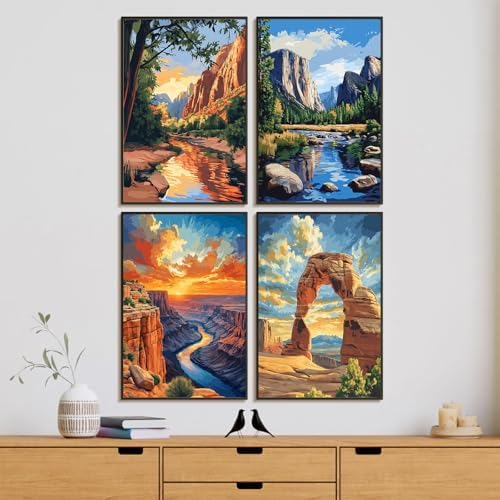 4 Pack Framed Paint by Numbers Kit for Adults National Park, Wooden Easel | With Frame, National Parks DIY Acrylic Painting, For Adults Beginner, Stress Relief Craft Kits, Home Wall Decor Gift, 8x12 IN